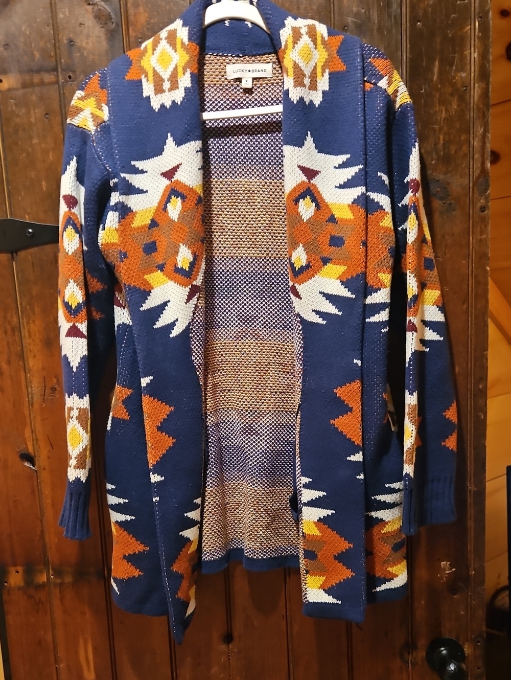 Lucky Brand Navy Open-Front Aztec Knit Cardigan with pockets